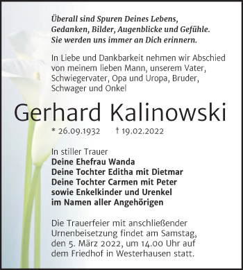 Traueranzeige von Gerhard Kalinowski von Trauerkombi Quedlinburg