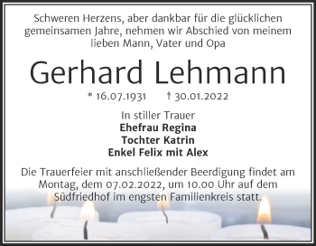 Traueranzeige von Gerhard Lehmann von Mitteldeutsche Zeitung Halle/Saalkreis