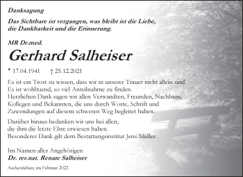 Traueranzeige von Gerhard Salheiser von Trauerkombi Aschersleben