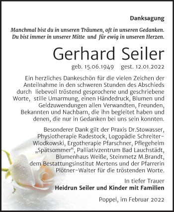 Traueranzeige von Gerhard Seiler von Wochenspiegel Naumburg/Nebra