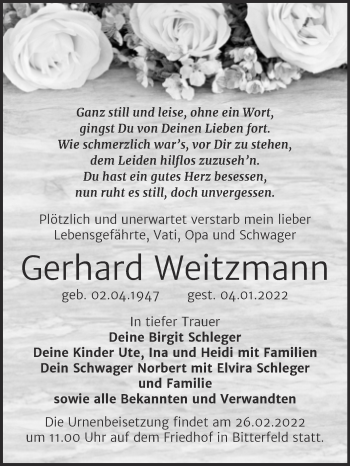 Traueranzeige von Gerhard Weitzmann von Trauerkombi Bitterfeld