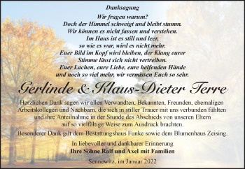 Traueranzeige von Gerlinde und Klaus-Dieter Terre von Mitteldeutsche Zeitung Halle/Saalkreis