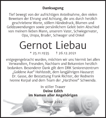 Traueranzeige von Gernot Liebau von Trauerkombi Sangerhausen