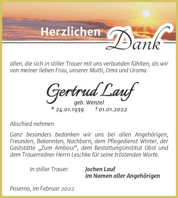 Traueranzeige von Gertrud Lauf von Trauerkombi Weißenfels