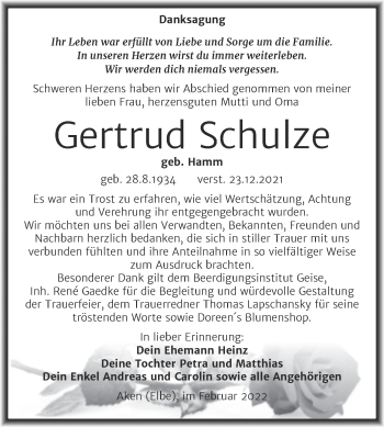 Traueranzeige von Gertrud Schulze von Trauerkombi Köthen