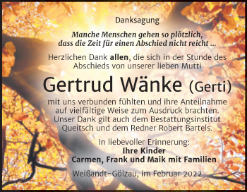 Traueranzeige von Gertrud Wänke von Trauerkombi Köthen