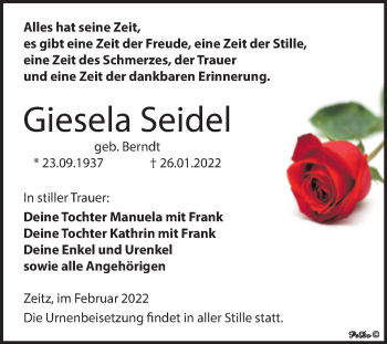 Traueranzeige von Giesela Seidel von Trauerkombi Zeitz