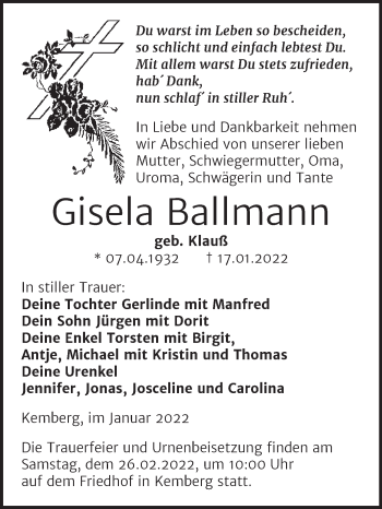 Traueranzeige von Gisela Ballmann von Trauerkombi Wittenberg