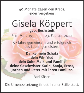Traueranzeige von Gisela Köppert von Naumburger Tageblatt