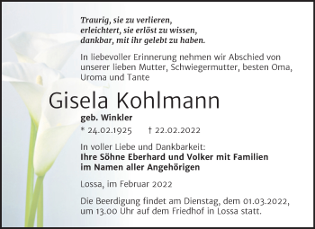 Traueranzeige von Gisela Kohlmann von Naumburger Tageblatt