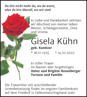 Traueranzeige von Gisela Kühn von Trauerkombi Aschersleben