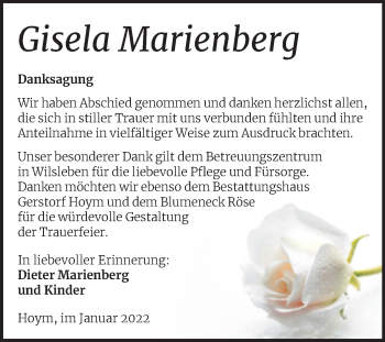 Traueranzeige von Gisela Marienberg von Trauerkombi Aschersleben