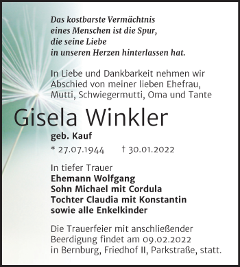 Traueranzeige von Gisela Winkler von Trauerkombi Bernburg