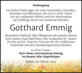 Traueranzeige von Gotthard Emmig von Wochenspiegel Naumburg/Nebra