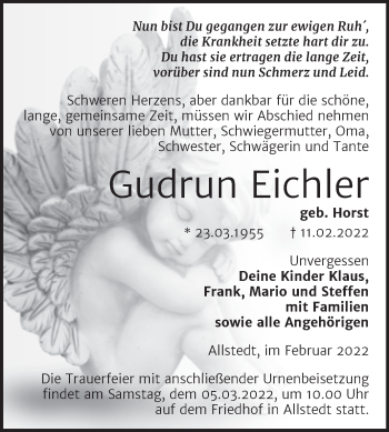 Traueranzeige von Gudrun Eichler von Trauerkombi Sangerhausen