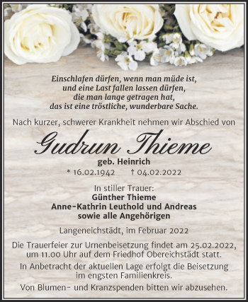 Traueranzeige von Gudrun Thieme von Trauerkombi Merseburg