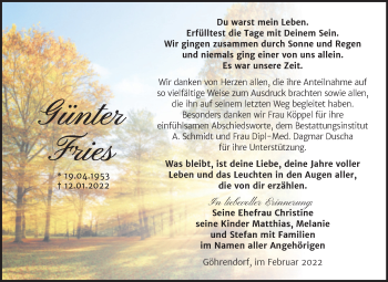 Traueranzeige von Günter Fries von Trauerkombi Merseburg
