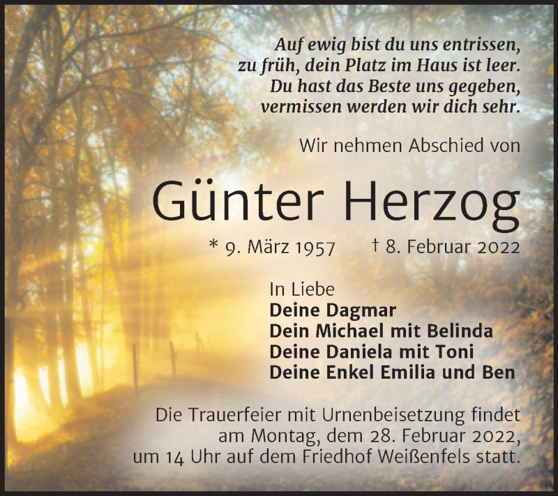  Traueranzeige für Günter Herzog vom 19.02.2022 aus Trauerkombi Weißenfels