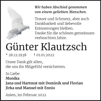 Traueranzeige von Günter Klautzsch von Trauerkombi Wittenberg