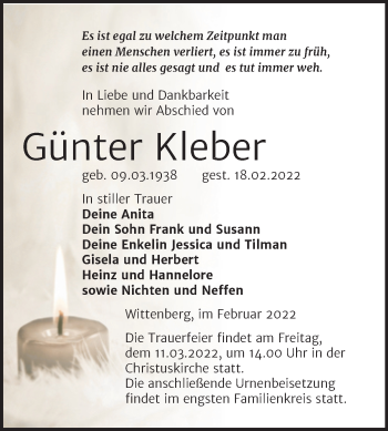 Traueranzeige von Günter Kleber von Trauerkombi Wittenberg