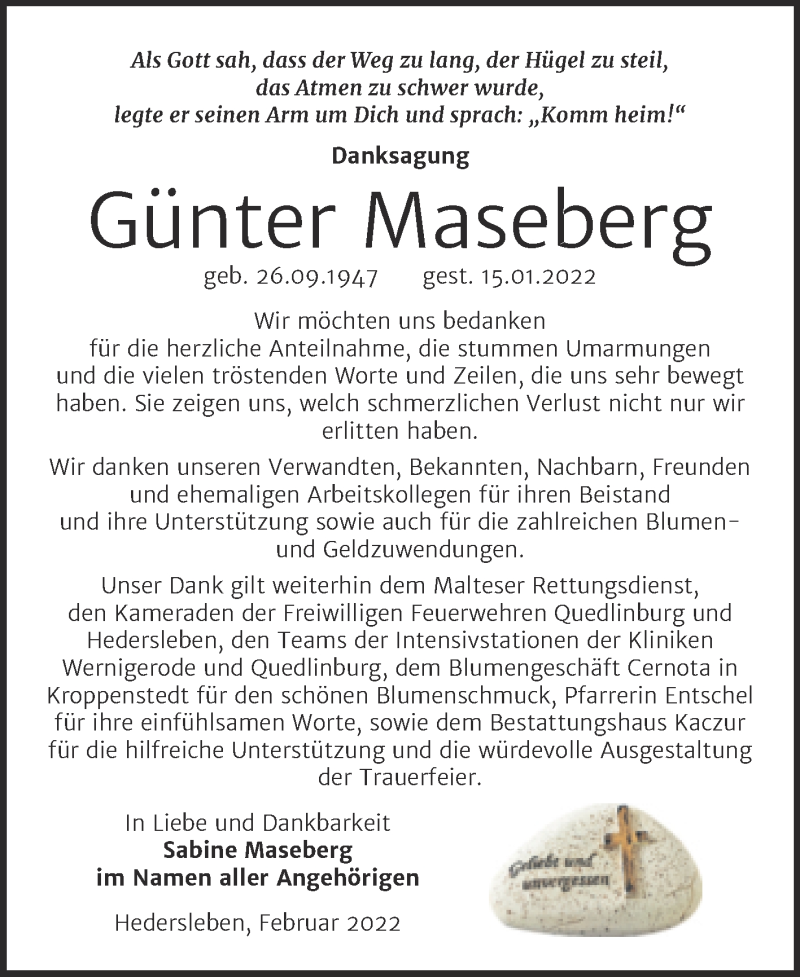  Traueranzeige für Günter Maseberg vom 12.02.2022 aus Trauerkombi Quedlinburg