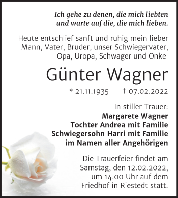 Traueranzeige von Günter Wagner von Mitteldeutsche Zeitung Sangerhausen