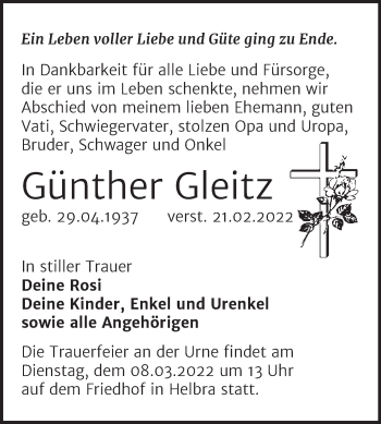 Traueranzeige von Günther Gleitz von Trauerkombi Mansfelder Land