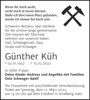Traueranzeige von Günther Küh von Trauerkombi Quedlinburg