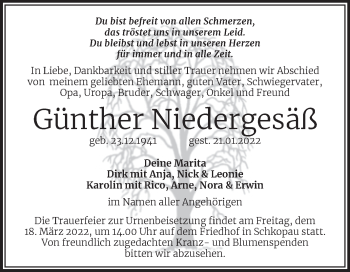 Traueranzeige von Günther Niedergesäß von Trauerkombi Merseburg