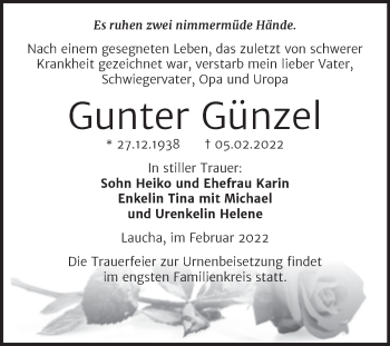 Traueranzeige von Gunter Günzel von Wochenspiegel Naumburg/Nebra
