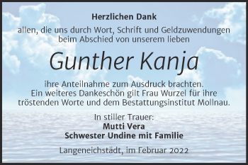 Traueranzeige von Gunther Kanja von Trauerkombi Merseburg