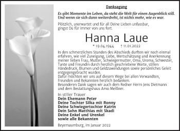 Traueranzeige von Hanna Laue von Trauerkombi Sangerhausen