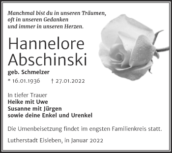 Traueranzeige von Hannelore Abschinski von Trauerkombi Mansfelder Land