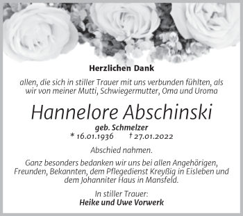 Traueranzeige von Hannelore Abschinski von Trauerkombi Mansfelder Land