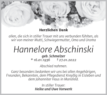 Traueranzeige von Hannelore Abschinski von Trauerkombi Mansfelder Land