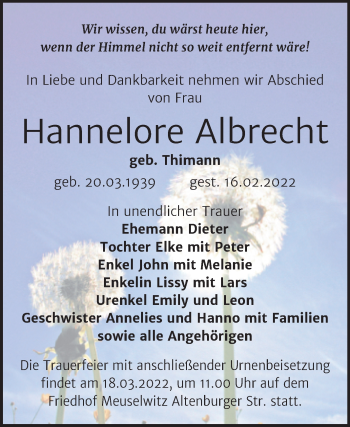 Traueranzeige von Hannelore Albrecht von Trauerkombi Zeitz