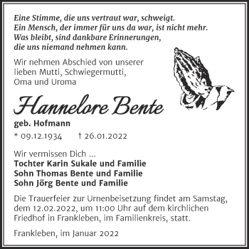 Traueranzeige von Hannelore Bente von Trauerkombi Merseburg