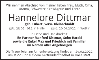 Traueranzeige von Hannelore Dittmar von Mitteldeutsche Zeitung Halle/Saalkreis