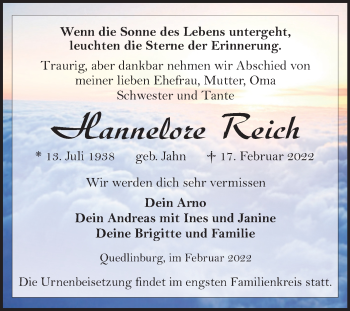Traueranzeige von Hannelore Reich von Trauerkombi Quedlinburg