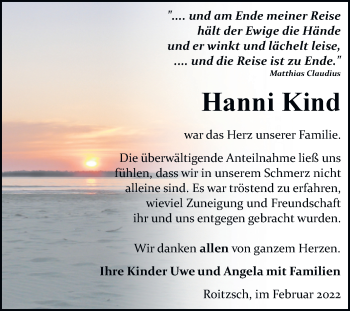 Traueranzeige von Hanni Kind von Trauerkombi Bitterfeld