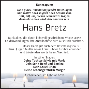 Traueranzeige von Hans Bretz von Trauerkombi Aschersleben