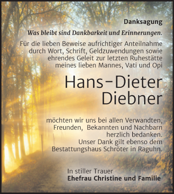 Traueranzeige von Hans-Dieter Diebner von Trauerkombi Bitterfeld