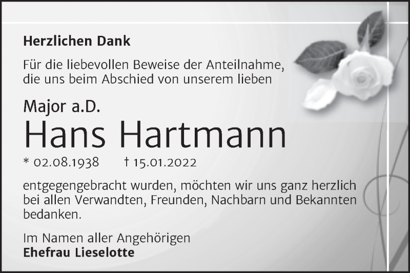  Traueranzeige für Hans Hartmann vom 19.02.2022 aus Trauerkombi Dessau
