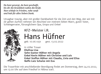 Traueranzeige von Hans Hüfner von Trauerkombi Zeitz