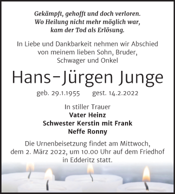 Traueranzeige von Hans-Jürgen Junge von Trauerkombi Köthen
