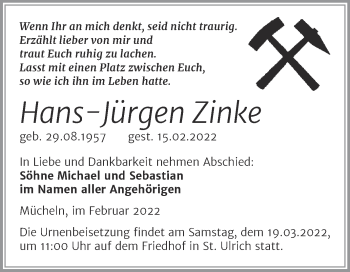 Traueranzeige von Hans-Jürgen Zinke von Trauerkombi Merseburg