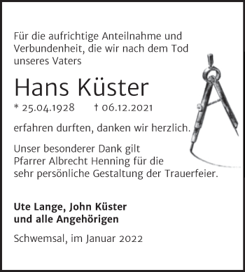 Traueranzeige von Hans Küster von Trauerkombi Bitterfeld