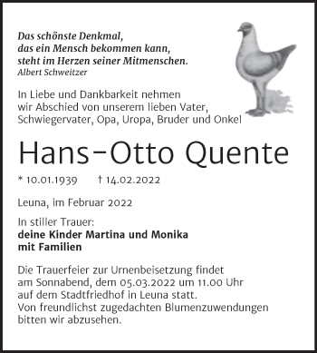 Traueranzeige von Hans-Otto Quente von Trauerkombi Merseburg