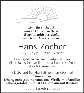 Traueranzeige von Hans Zocher von Trauerkombi Weißenfels