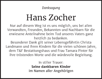 Traueranzeige von Hans Zocher von Trauerkombi Weißenfels